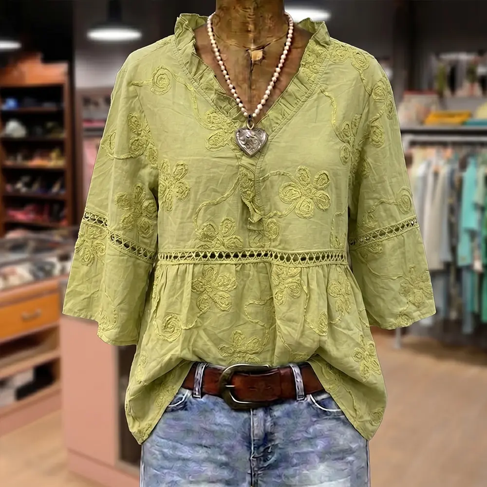 Cherrybetty 100%Cotton Vintage Floral Embroidered V-Neck Hollow Out Top Clothes For Women Summer Tops Plus Size Clothes Summer Outfits Women  Womenswear Blouse