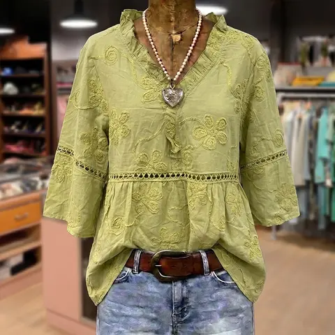 Cherrybetty 100%Cotton Vintage Floral Embroidered V-Neck Hollow Out Top Clothes For Women Summer Tops Plus Size Clothes Summer Outfits Women  Womenswear Blouse