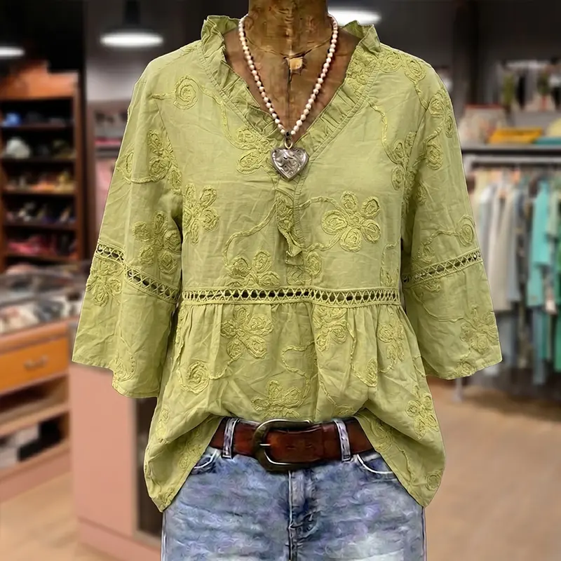 Cherrybetty 100%Cotton Vintage Floral Embroidered V-Neck Hollow Out Top Clothes For Women Summer Tops Plus Size Clothes Summer Outfits Women  Womenswear Blouse