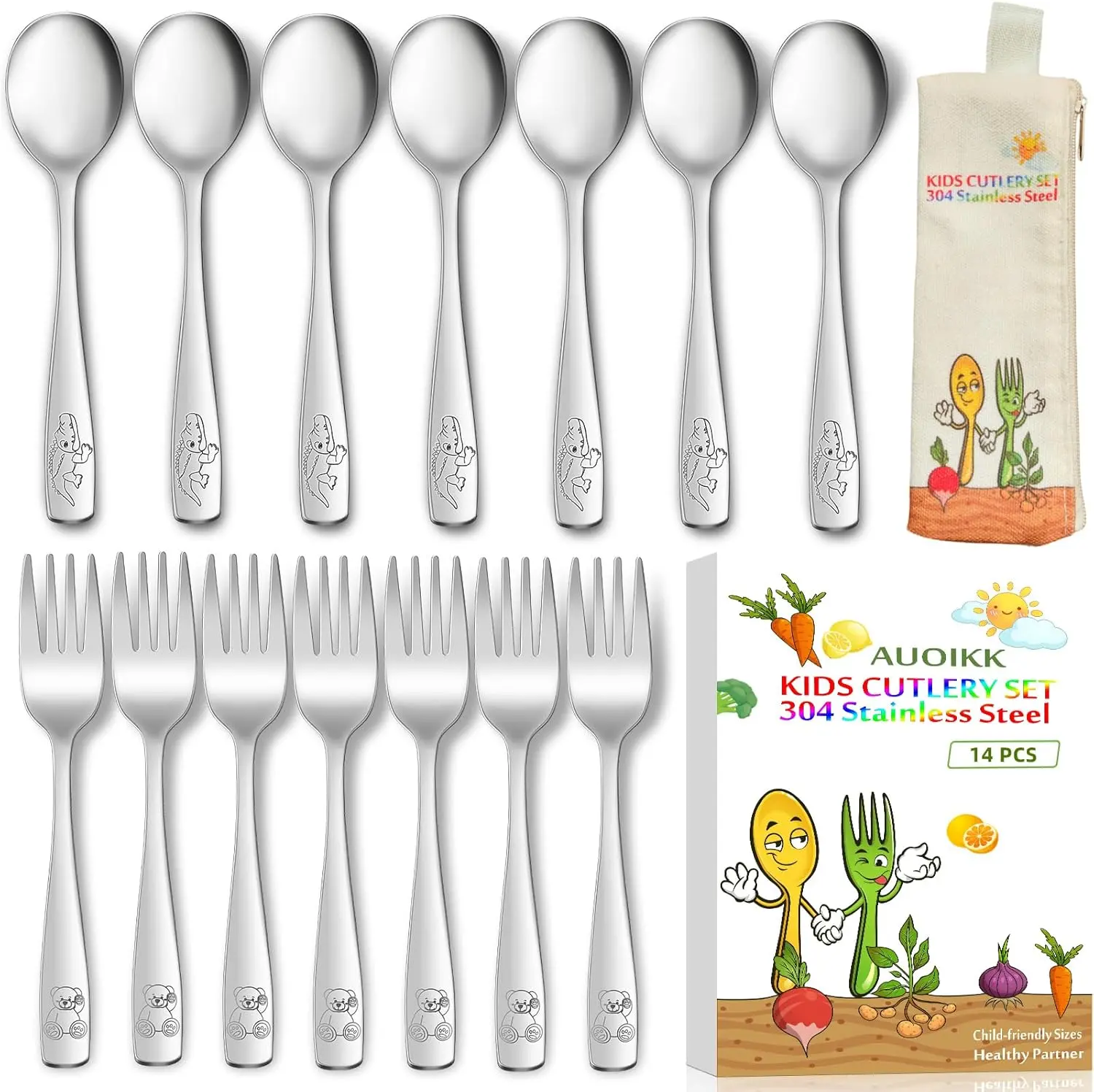 14PCS Toddler Stainless Steel Utensil Set – Kids Safe Spoons & Forks, Ergonomic Handle, Dishwasher Safe (Crocodile & Bear)