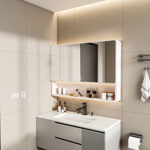 Aluminium Medicine Cabinet Mirror, 36 * 28in Tri-Color LED Light Bathroom Mirror with Cosmetic Storage Rack, Hair Dryer Holder and Defogging Function-khaki Aluminium Medicine Cabinet Mirror, 36 * 28in Tri-Color LED Light Bathroom Mirror with Cosmetic Storage Rack, Hair Dryer Holder and Defogging Function-khaki