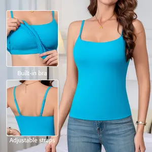 ATTRACO  Women's Square Neck Tank Top  Built-in bra Basic Tops Sharp Collection Adjustable Spaghetti Straps Sleeveless