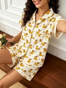 Cute Lion Cub Print Pajama Set | Cartoon Animal Sleepwear for Women | Soft Loungewear