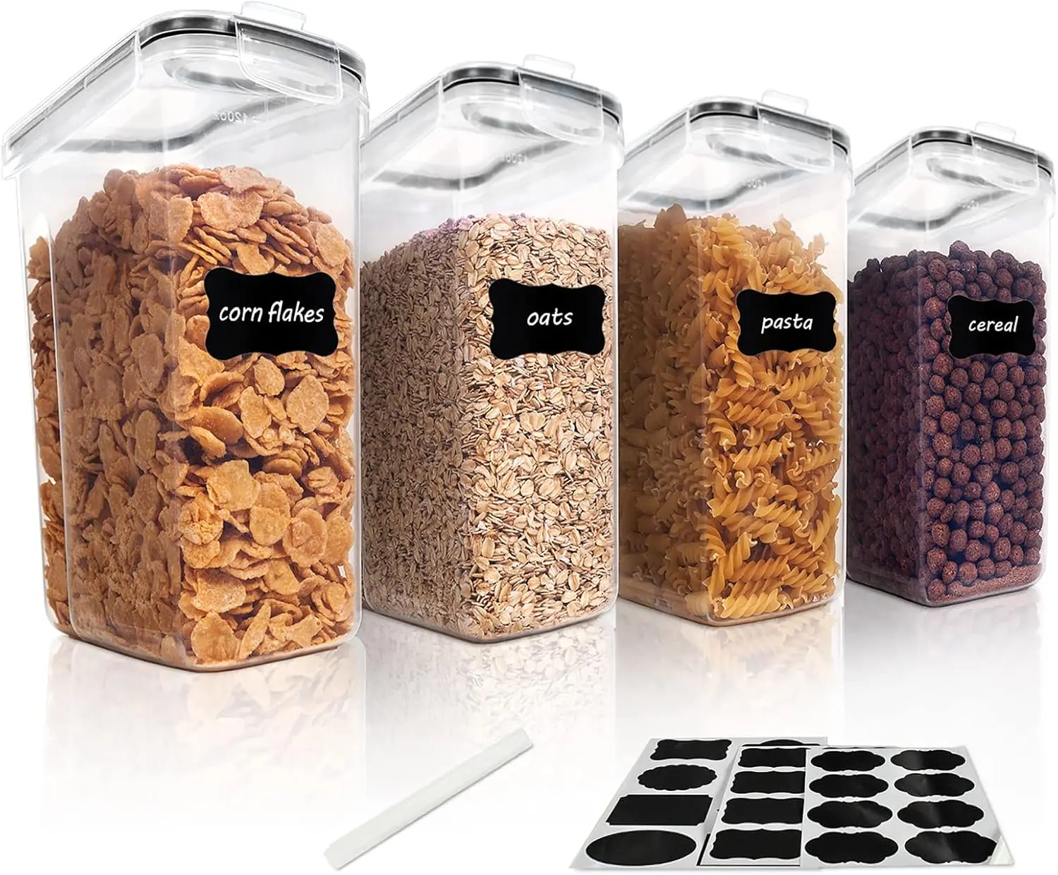 Set of 4 Contoured 4L Leakproof Airtight Plastic Cereal Storage Containers with Lids, 24 Labels, Multipurpose Kitchen Food Organizer for Preserving Dry Goods, Leakproof Airtight Containers