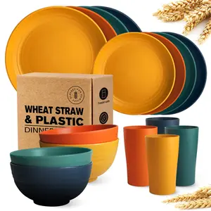 16/32 PCS Wheat Straw Dinnerware Set - Service for 4/8 Unbreakable Kitchen Plastic Wheat Straw Dinnerware Set – BPA-Free Plates, Bowls & Cups | Lightweight, Dishwasher Safe | Multicolor Reusable Tableware for Home & Outdoor Use Cereal bowl