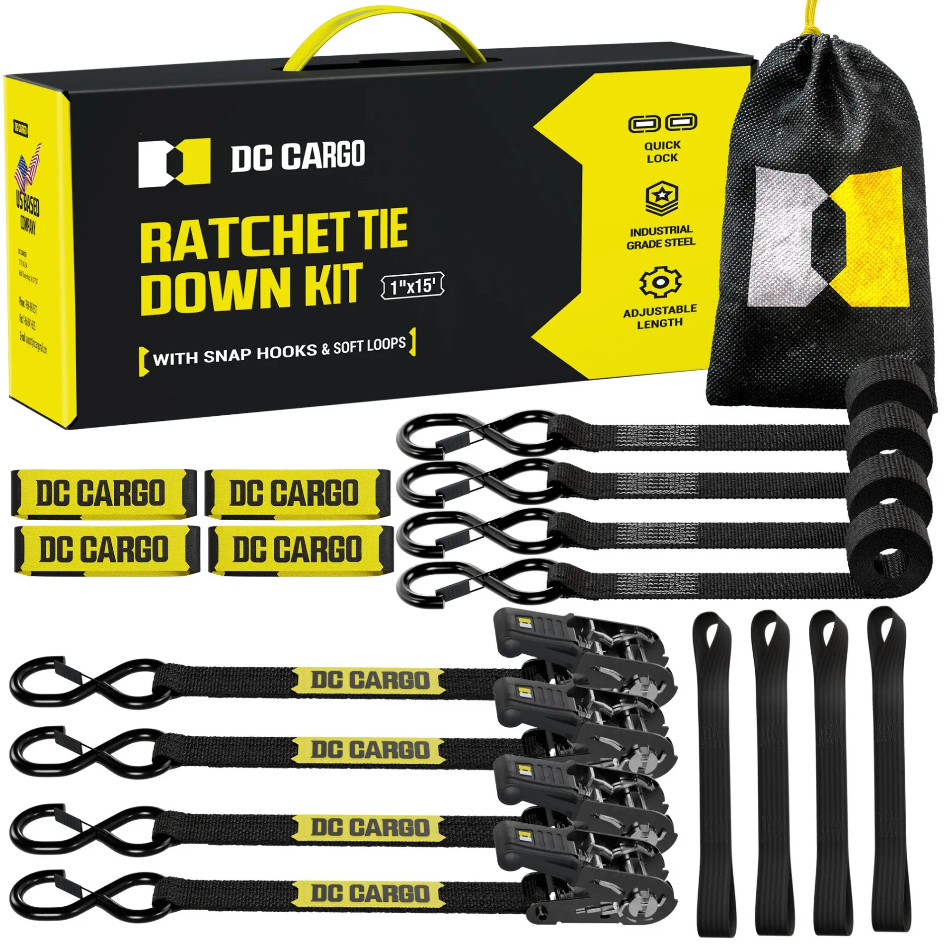 Ratchet Tie-Down Kit 1 inch x 15 ft strap and soft loops