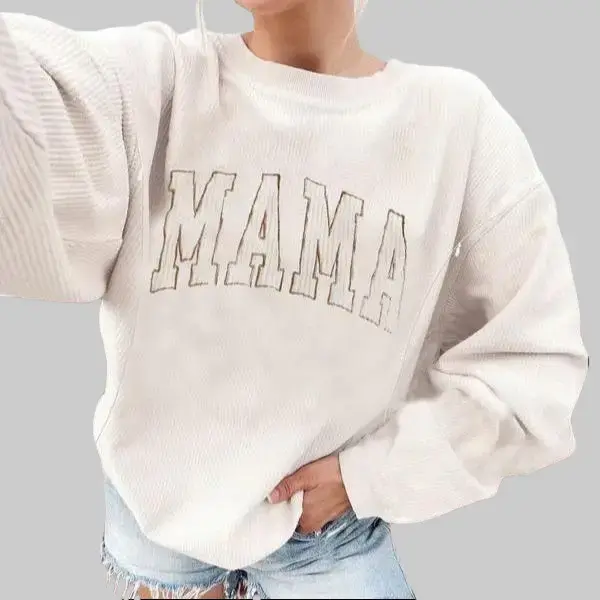 Giftifymama Corded Embroidered Mama Maternity Nursing Sweatshirt, Casual Postpartum Women's Maternity Nursing Top, Maternity Nursing Tops Beige Hoodie