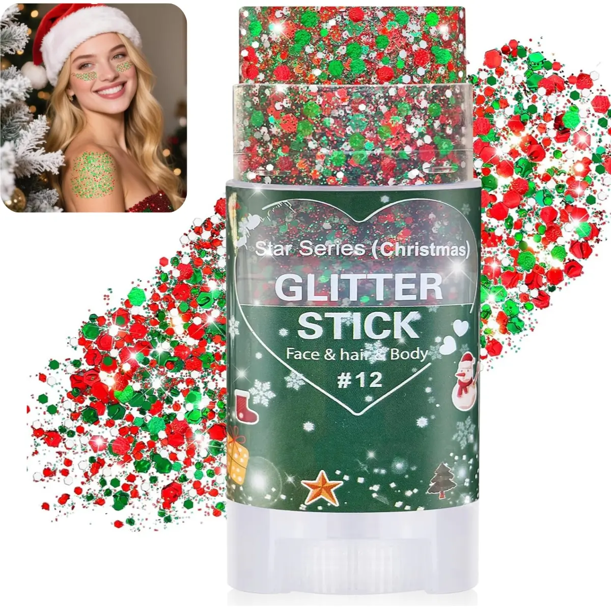 Christmas Glitter Stick for Face Hair Body, Red Silver Green Chunky Sparkling Glitter Makeup, Christmas Party Costume Accessories, Festive Stocking Stuffers, Party Favors and Decorations