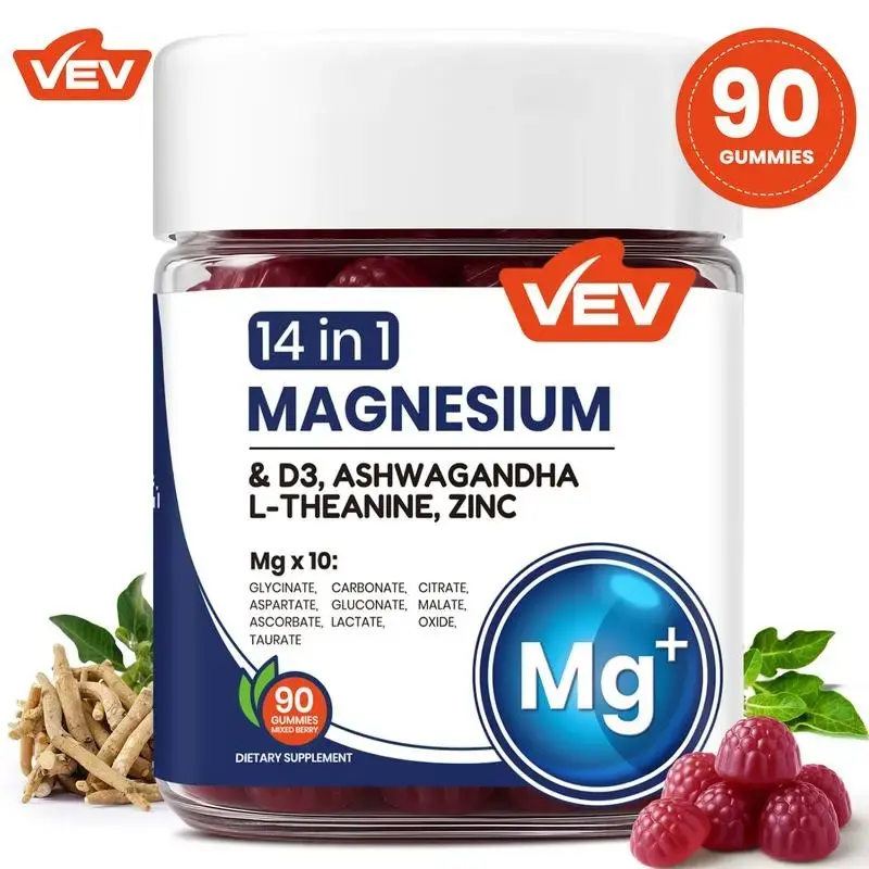 0 Added Sugar Adult Magnesium Gummies, 10-Form Multi Magnesium Complex Chews with Ashwagandha, L-Theanine, Vitamin D3 & Zinc, Vegan Gelatin-Free Mixed Berry Wellness Dietary Supplement, 90 Count