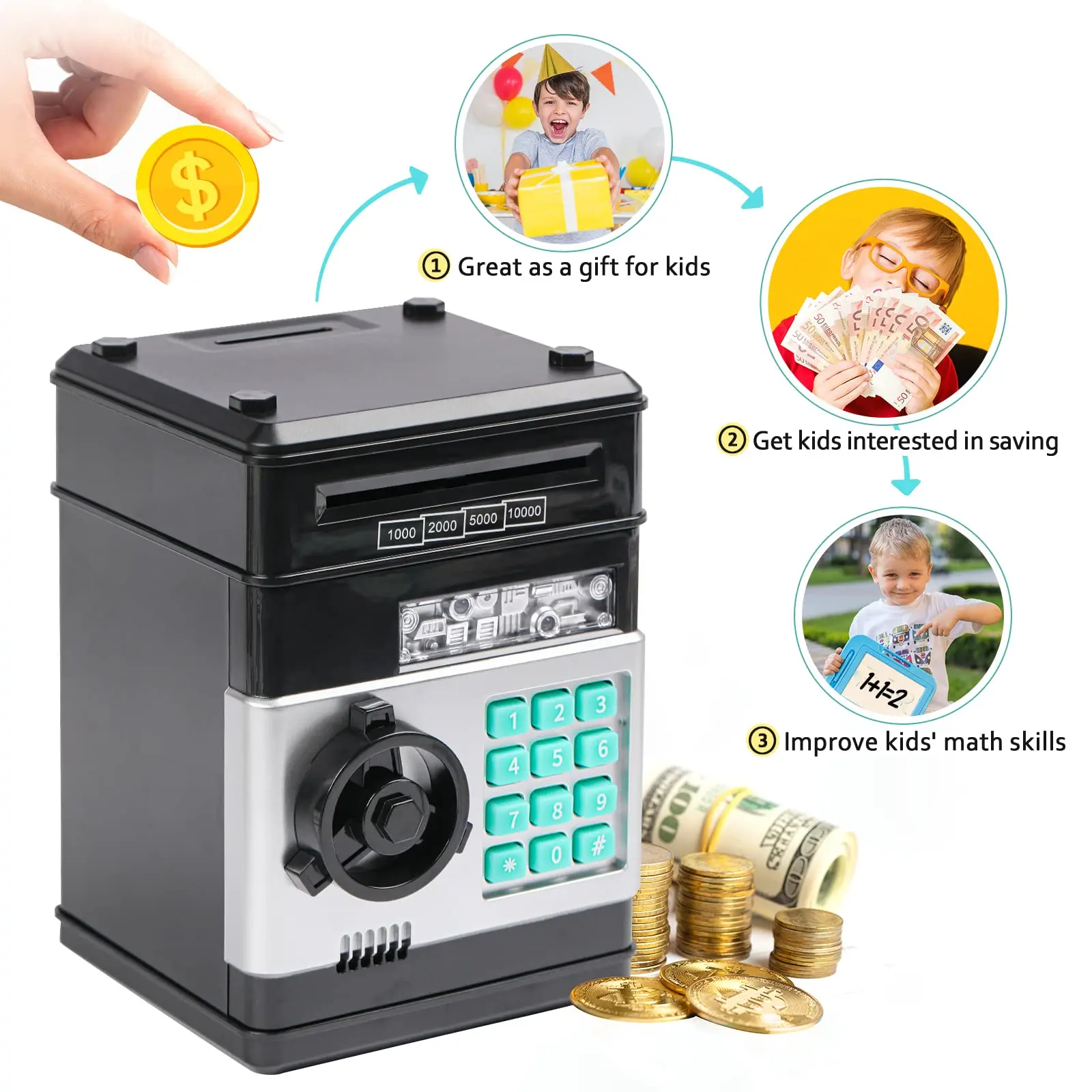 Electronic ATM Piggy Bank for Boys Adults With Password Lock Auto Money Slot Large Capacity Savings Box Accepts All US Coins Holds Over 10000 Coins