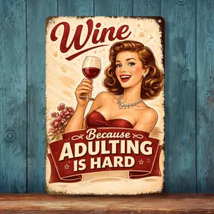 Funny Wine Metal Sign 8x12 Inch Vintage Retro Wall Decor “Wine Because Adulting Is Hard” Kitchen Bar Decor Gift for Women Wine Lovers