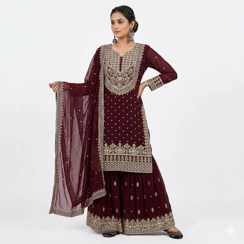 Women's Traditional Maroon Red Long Panjabi Suit, Original Lady's Modest Islamic Clothes for Special Occasions, Made For Special Events