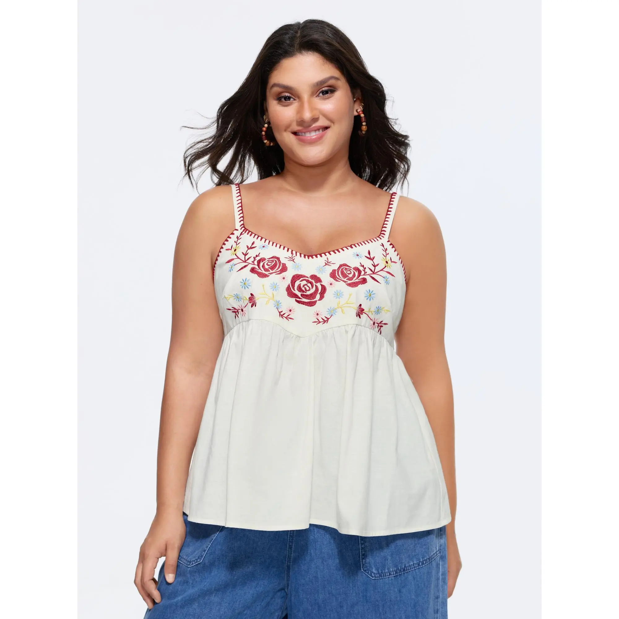 BloomChic Women's Plus Size Boho Babydoll Tank Top - Sleeveless Cotton-Rayon Garment with Floral Embroidery, Summer Wear Blouse, Babydoll Top, Fabric, Bohemian Boho Casual, Boho Fit Camisole