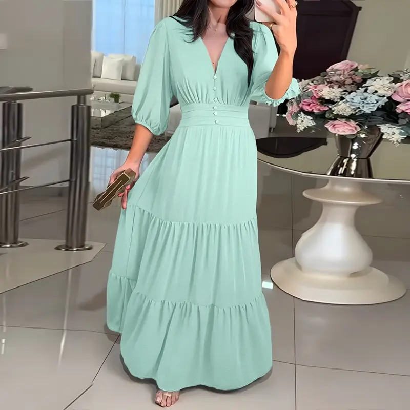 CHICME Women's Elegant Flowy Chiffon Dress V Neck Three Quarters Sleeve Maxi Dress Shirred Back Ruffle Hem Dress