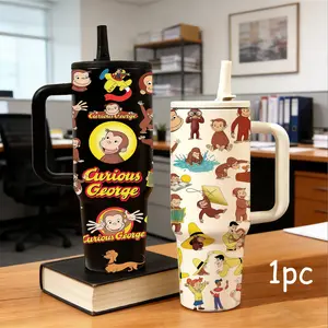 1 Pc 40oz insulated mug, curious monkey cartoon print, double wall vacuum insulated, leak proof lid with handle and straw, keeps hot 12 hours and cold 24 hours, for hot cold drinks, office gym travel, gift for women men, holiday daily use