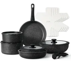 CAROTE 17-Piece Cookware Set - Detachable Handles - Nonstick - RV/Camping - Midnight Black Granite