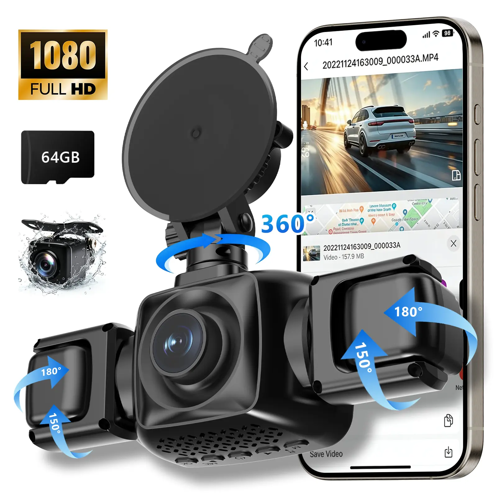 【PASLDA】 4-Channel Automotive Dashcam, Car Camera with 4-Lens Setup & All-Round View Monitor, Built-in WiFi, 64GB Card Included, HDR Night Vision, Plug-and-Play No Battery, HD Driving Recorder, Holiday Gift for Dad