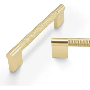 10 Pack 5Inch(128mm) Brushed Brass Kitchen Cabinet Handles with Knurled Drawer Pulls Gold Finish