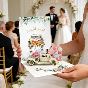3D Wedding Pop Up Cards, Lovely Wedding Card with Classic Car, for Just Married, Newlyweds, Engagements, Bridal showers