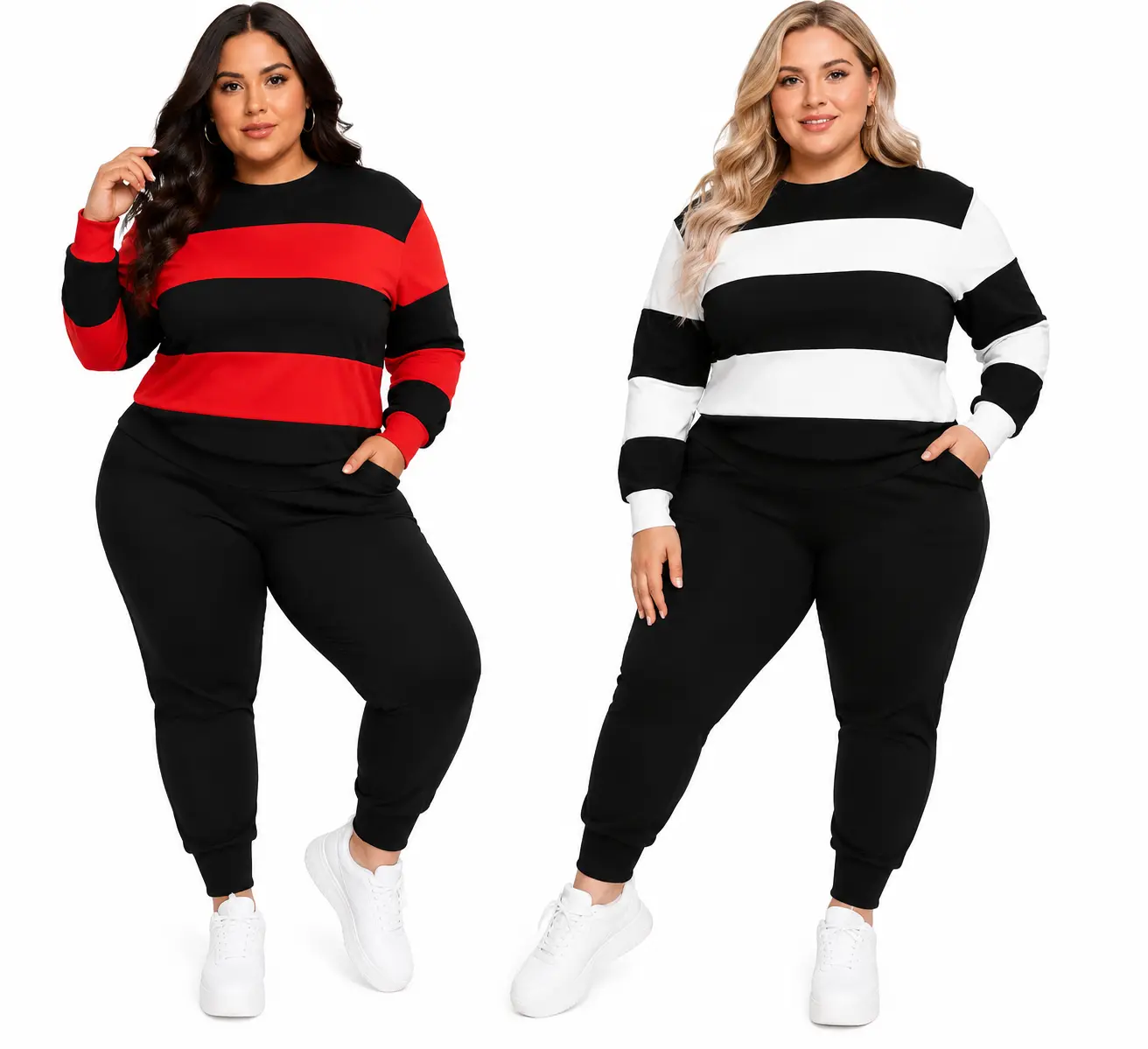Women’s plus-size striped sweatshirt and long pants two-piece set — lightweight casual loungewear for autumn/winter | crewneck long-sleeve top with matching long pants; women’s activewear set for outdoor sports, dates, parties, and shopping