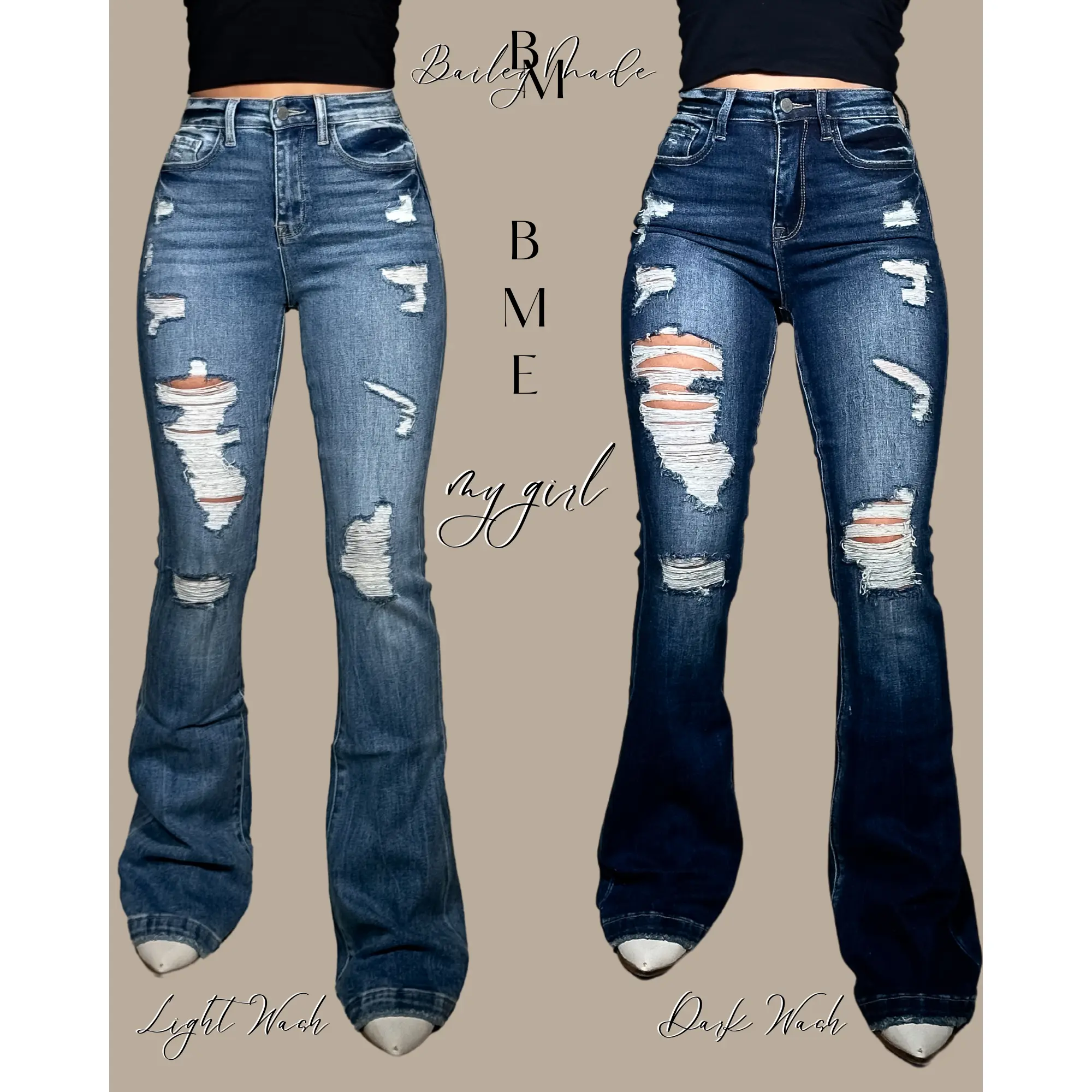 BME DARK Distressed Highrise Flare Jeans