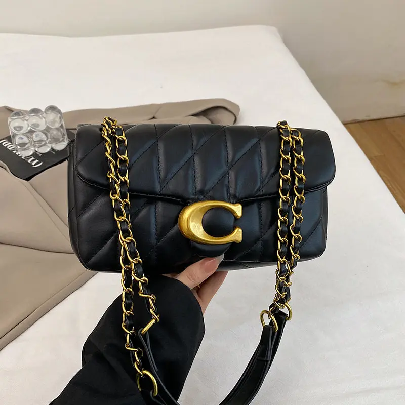 2026 New Trendy Quilted Chain Crossbody Bag For Women, Retro C Metal Lock Small Baguette Purse, Versatile Shoulder Handbag With Adjustable Strap