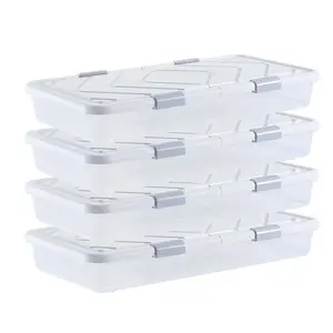 VEVOR Under Bed Storage with Wheels, Summervibes,Summervibes, 31.7 x 15.6 x 6.9 inch Underbed Containers, Underbed Shoes Organizer with Lid & Gray Latch, Rolling Under the Bed Storage Bins for Clothes Shoes Blankets, 4 Pack