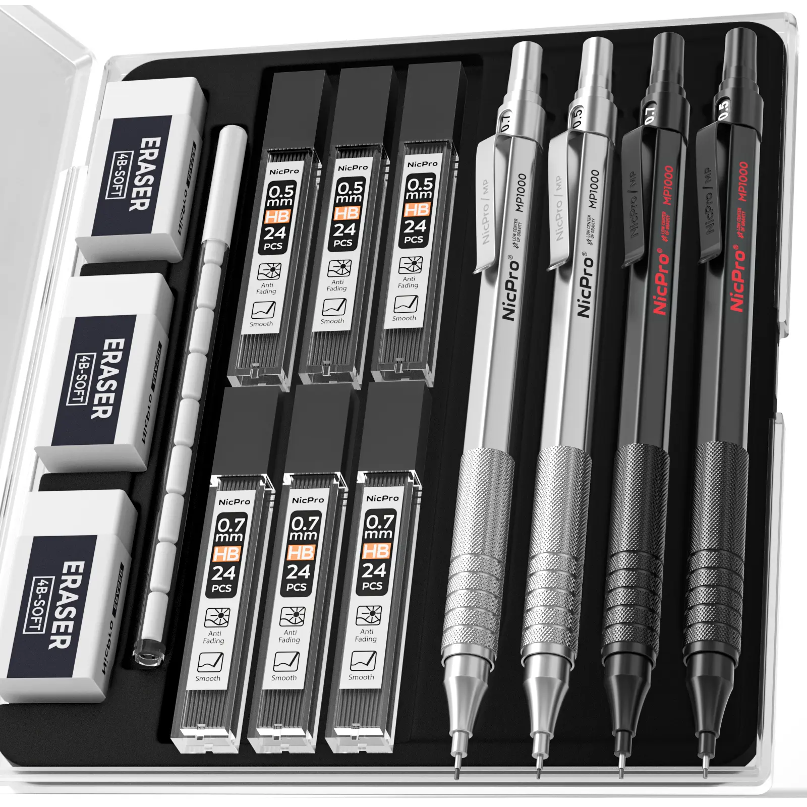 Nicpro MP1000 Compact Metal Body Mechanical Pencils Set - 0.5mm & 0.7mm Medium Point Metal Tip Black Writing Pencils, Case, HB Lead Refills, Eraser, Eraser Refills, Silver Stationery Supplies for Artists/Drafters, Office Use, Mechanical Drawing Pencils, A