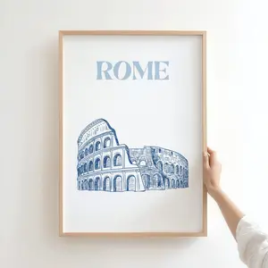 Colosseum Rome Travel Poster, Minimalist Blue Line Art Print, Italy Wall Art, European Architecture Room Decor, Unframed
