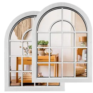 2PCS Arched Window Wall Mirror Rustic Farmhouse Accent Decor Wood Framed Entry for Living Room Bathroom Bedroom Kitchen Hallway