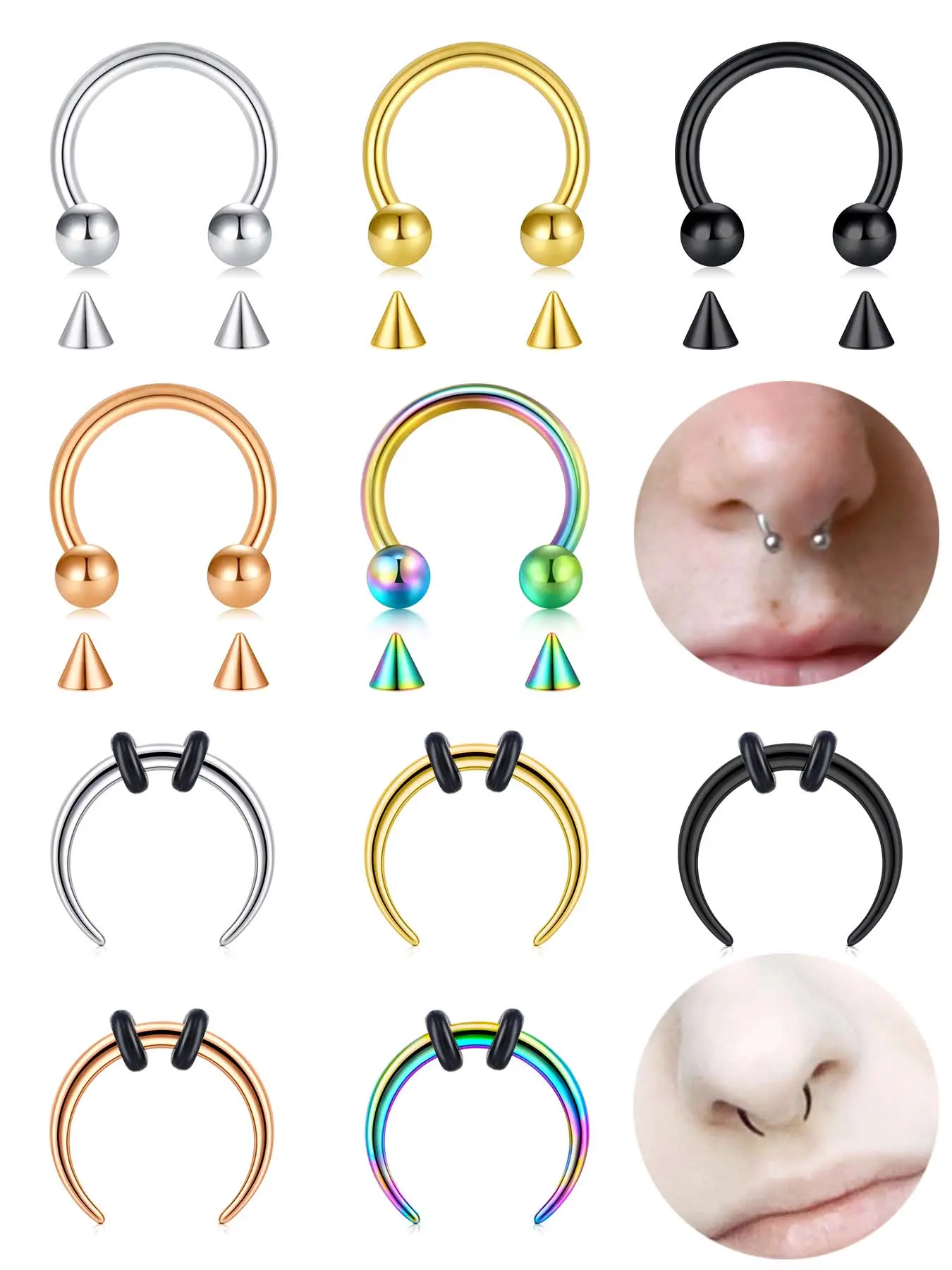 16 Gauge Septum Rings for Women, Stainless Steel Horseshoe Nose Ring, Cartilage Helix Tragus Earring Hoop, Silver Color, 8-10mm, Septum Clicker, Piercing Jewelry, Body Jewelry