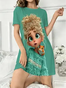 Women's Round Neck Short Sleeve Sleepwear, Loungewear, Dreamy Cartoon Cute Girl Front Back Printed Pajamas, Casual Home Wear All Seasons, Womenswear