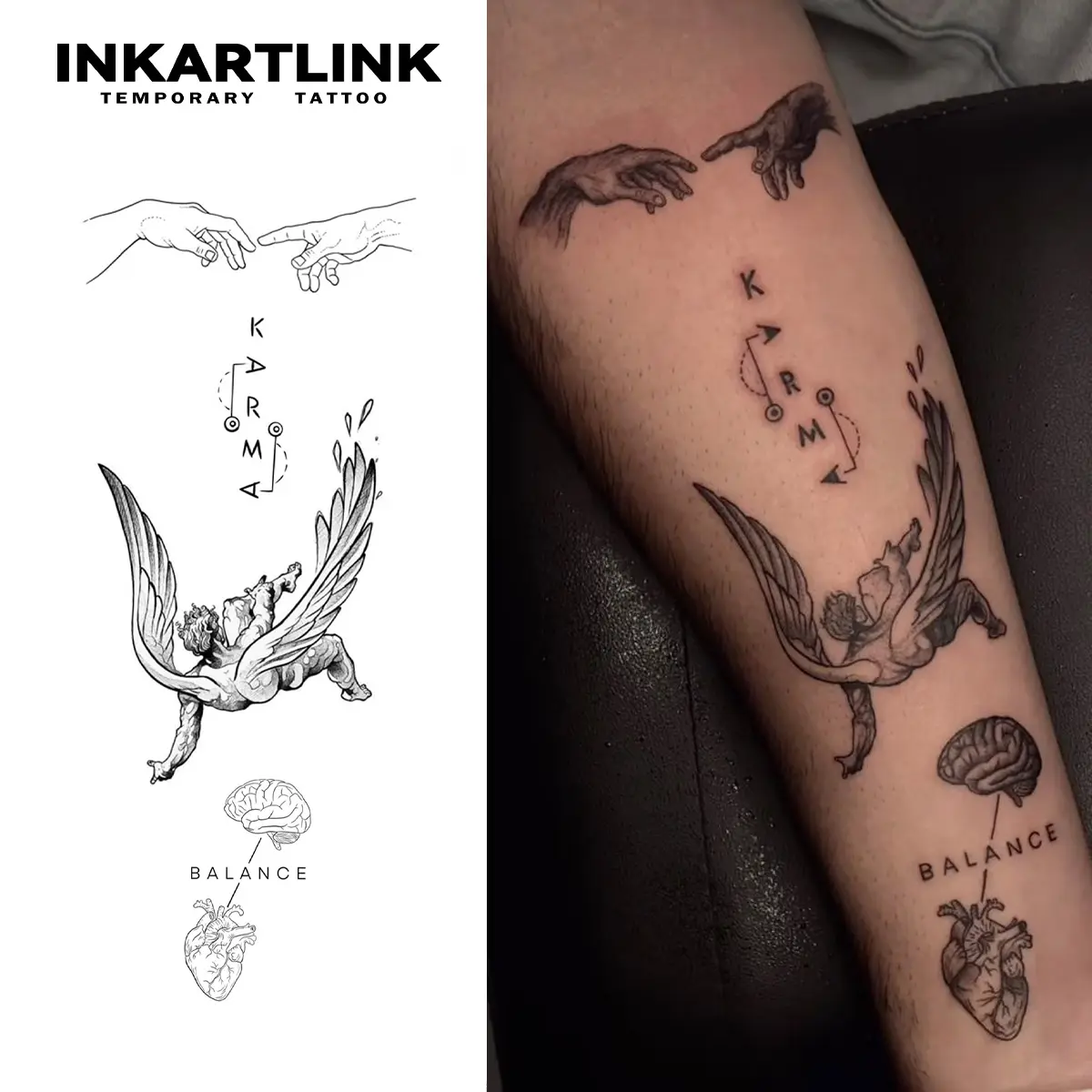 INKARTLINK Fallen Angel Fake Tattoos for Adults, 2 Sheets of Long-Lasting Realistic Body Art, Waterproof & No Reflection for All Skin Types, Realistic Art Design, Tattoo Art
