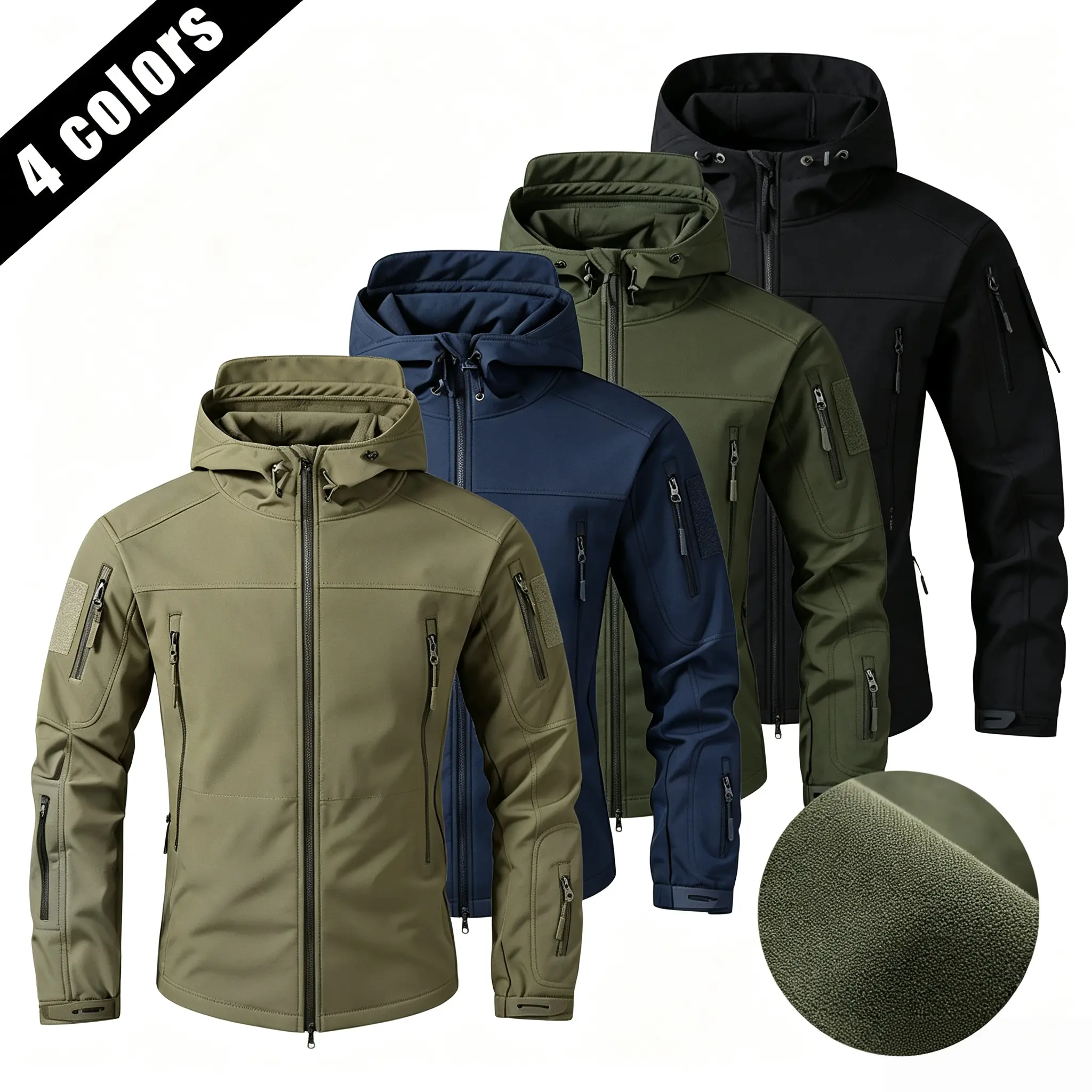 Men’s lightweight windproof fleece softshell hooded jacket featuring a lace-up design, blending athletic casual style; it has front pockets and side zippers, and its long sleeves make it ideal for outdoor activities.