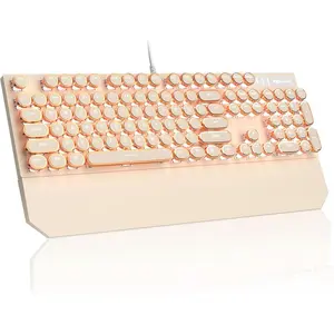Typewriter Mechanical Gaming Keyboard, Retro Punk Creamy Round Keycaps, 104  LED White Backlit Wired Keyboards for Laptop  PC Gamer, with  Wrist Rest, Blue