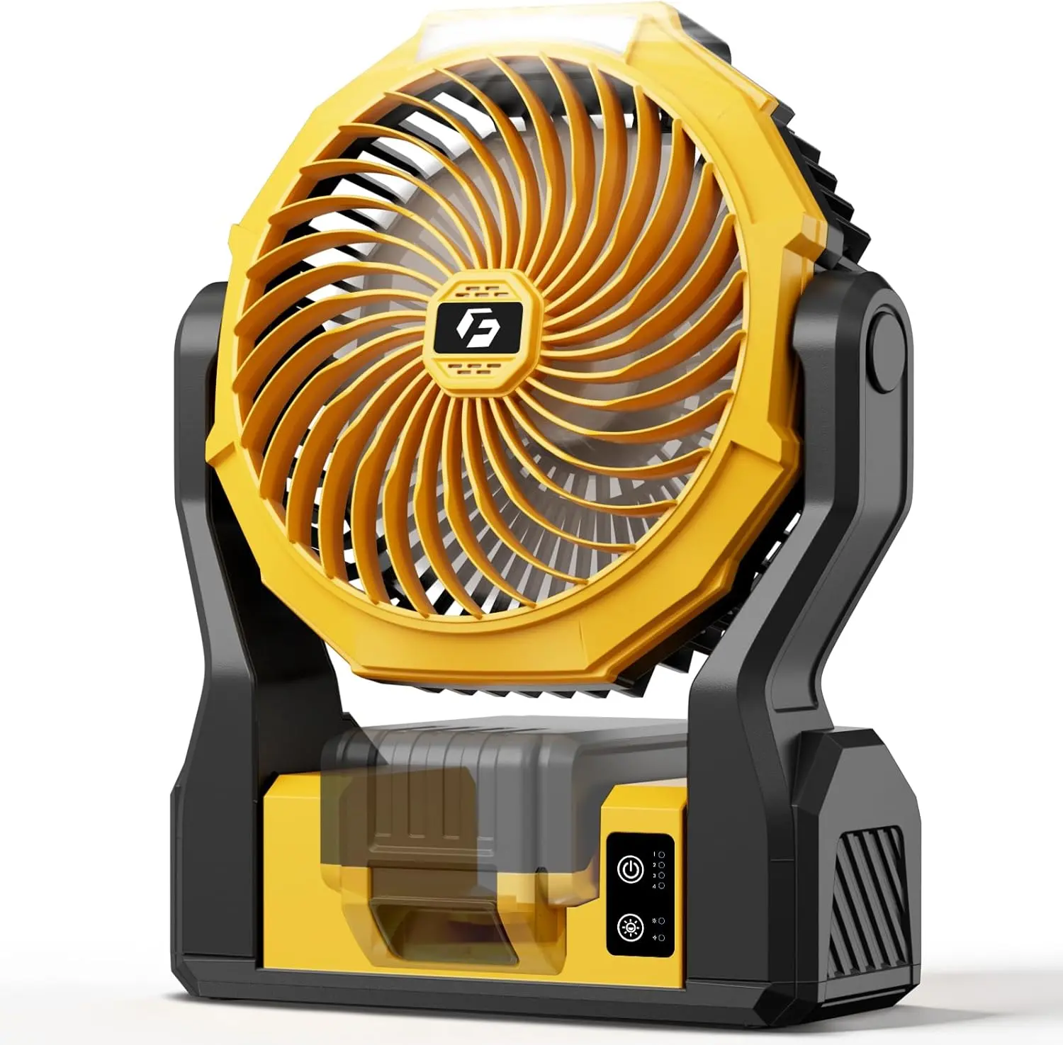 Upgraded Battery Operated Fan for Dewalt 20V Max Battery, 5.7m/s High Speed Rechargeable Portable Fan with USB Powered & 4 Speed & 2 Light for Workshop, Garage, Jobsite (Not Included Battery) - Yellow