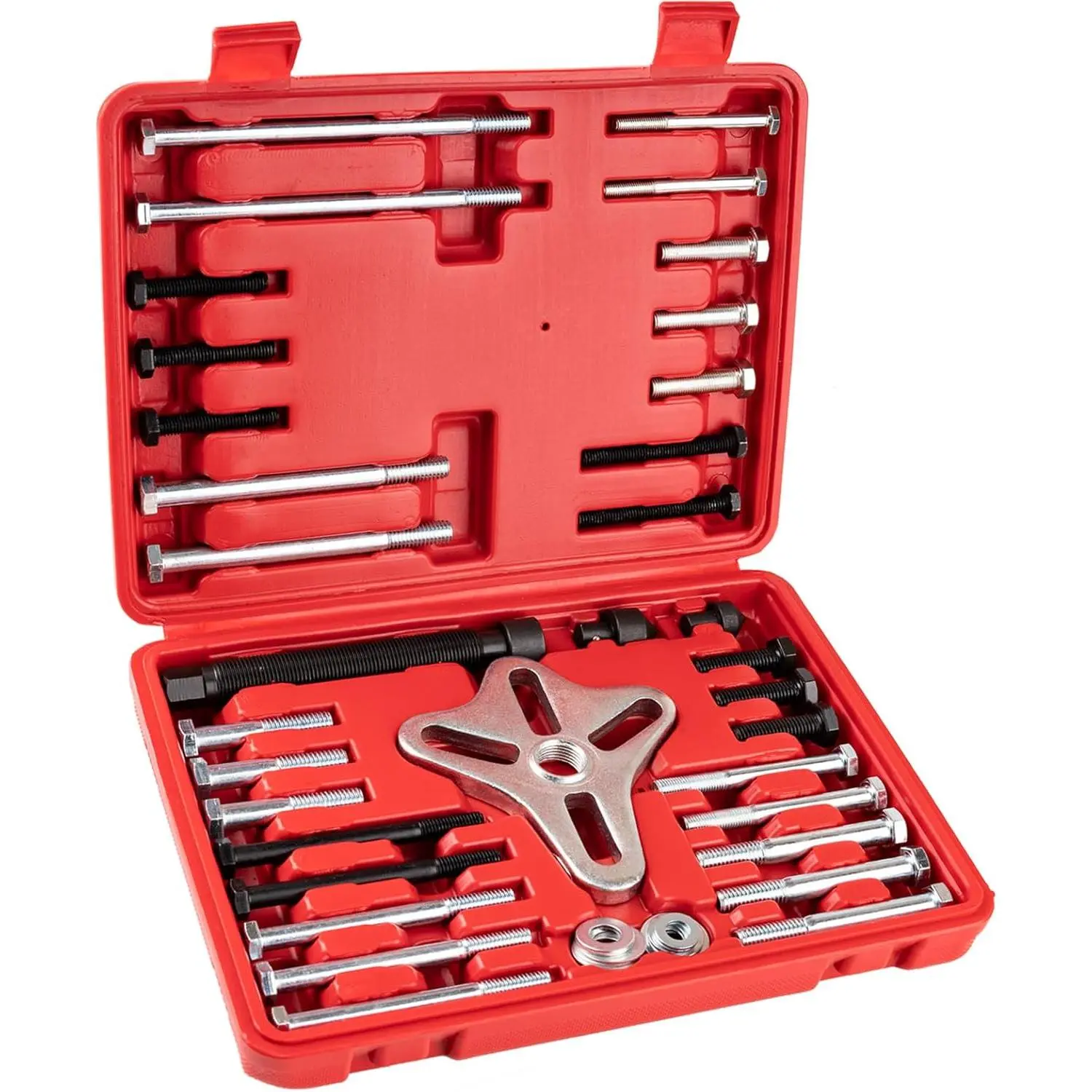 46-Count Harmonic Balancer Puller Set, Carbon Steel Automotive Vehicle Tool Kit with 30 Sizes Steel Yoke Frame for Power Steering Wheel Pulley Installation, Small Engine Complete Repair Tool Set
