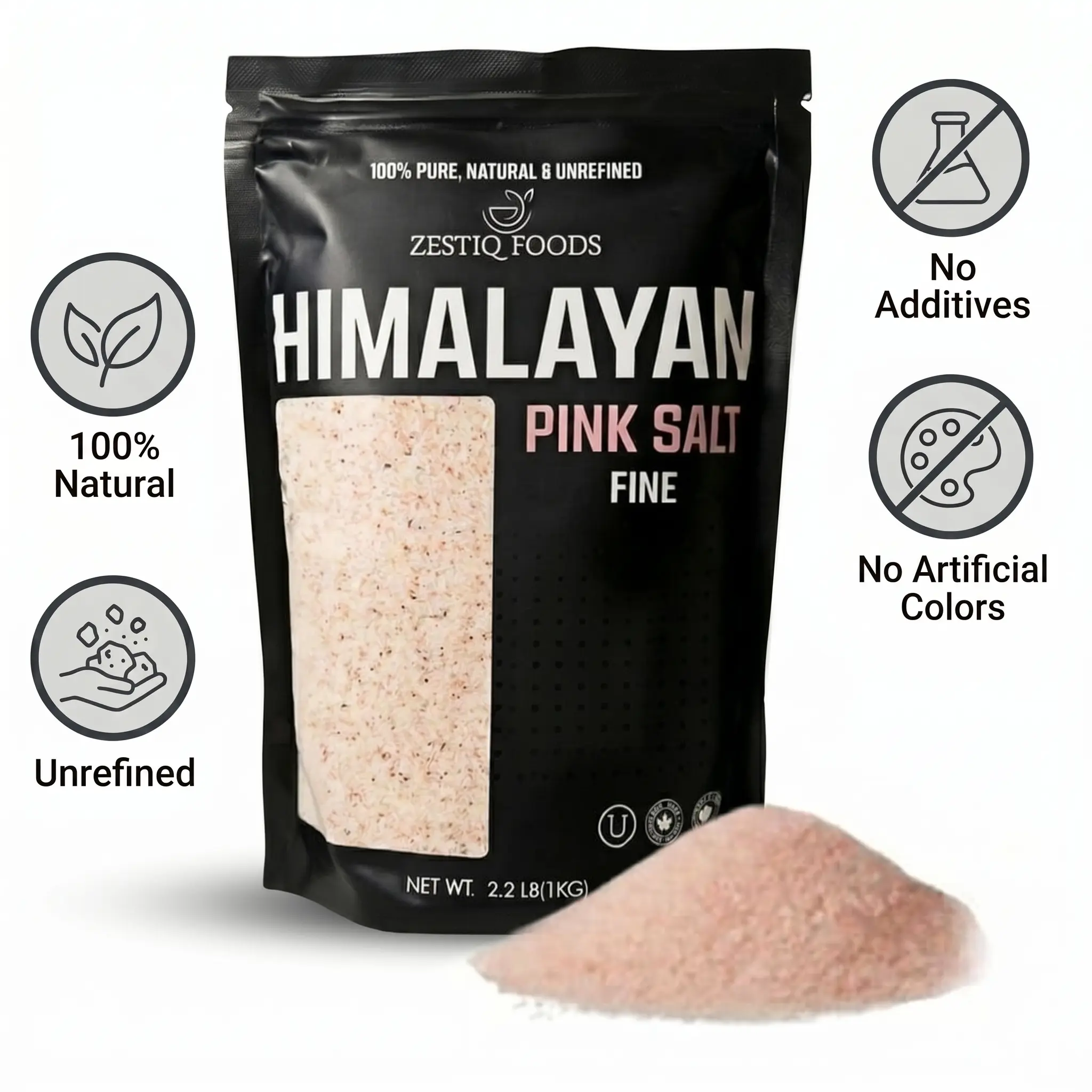 Zestiq Foods 100% Pure Himalayan Pink Salt Fine Grain – 2.2 lb (1 kg) Resealable Pouch | 100% Natural, Pure & Unrefined Gourmet Cooking Salt