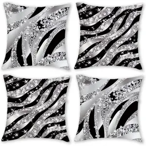 Set of 4, Vintage Boho Shiny Silver Printed Throw Pillow Covers, Short Plush Double-Sided Printed Cushion Covers, Black and Silver Glitter Zebra Pattern, Hidden Zipper, 100% Polyester