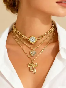3 Piece Layered Necklace Set, Butterfly Knot watch dial Creative Design, Heart Pendant Necklaces, Unique Personalized Jewelry Gift, Dainty Layering Jewelry