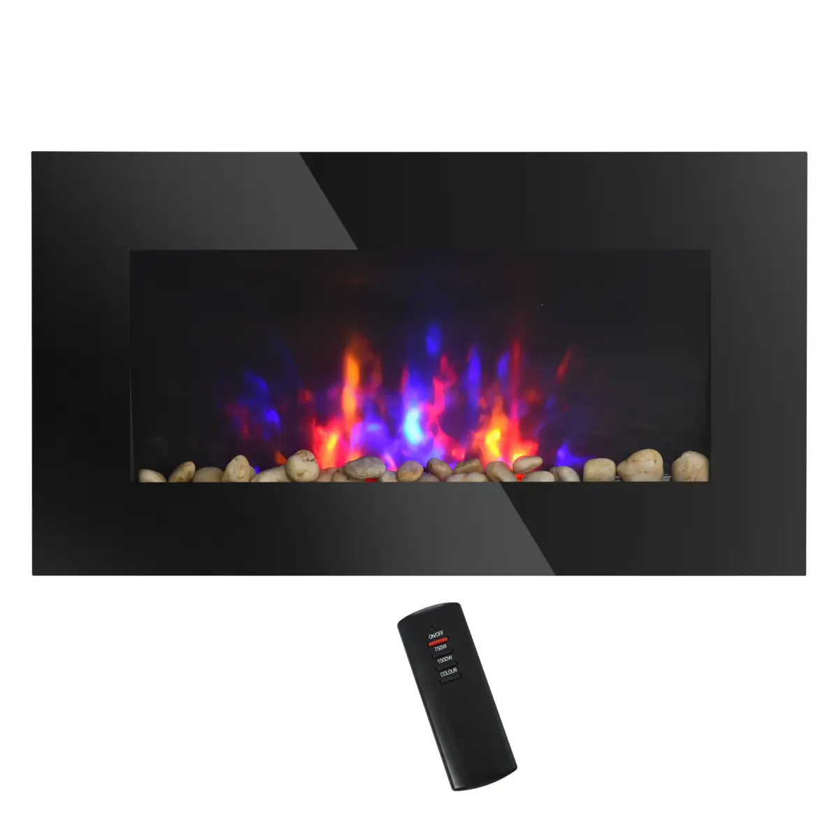 Black Wall-Mounted Glass Electric Fireplace, 28.5"w x 4.5"d x 15.75"h, 1500W-750W Heat Control, Plug-In Space-Saving Heater, 7-Color Background Light, Flame Effect, Protector Included, 22.88 lbs Household Appliance