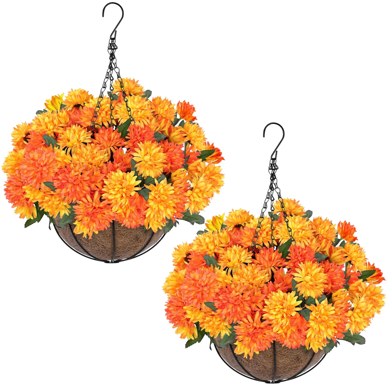 2 Sets UV-Resistant Artificial Fall Mum Hanging Flower Baskets - 150 Fake Silk Orange-Yellow Daisies in Real-Look Planters for Outdoor Autumn Porch, Patio Decor