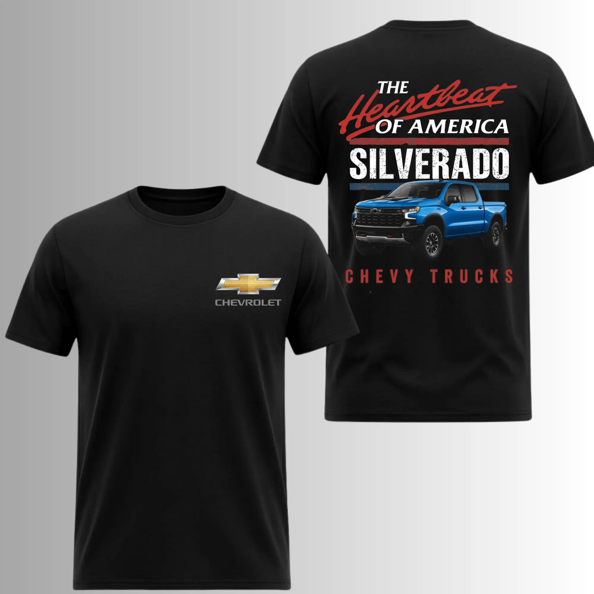 The Heartbeat Of America Chevy Silverado T-Shirt, 2 Sides, Blue Pickup Truck Logo Graphic Tee