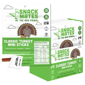 Snack Mates Classic Turkey Mini Meat Sticks by The New Primal - Gluten Free, Low Sugar, High Protein Kids Snack - 7g Protein, 45 Calories, 40 Pack - All-Natural Jerky Meat Stick for On-The-Go Convenience