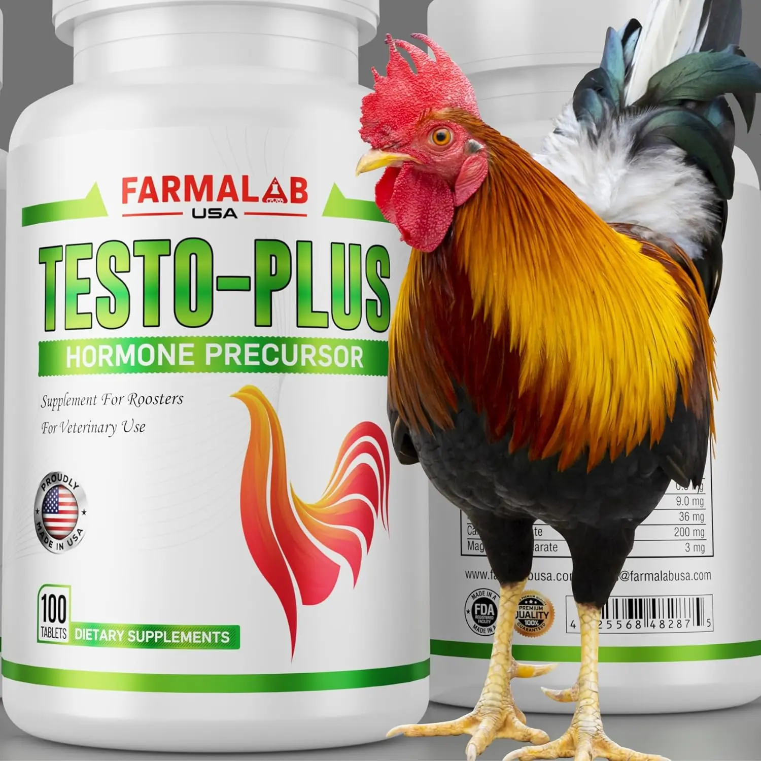 Farmalab Testo Plus Tablets - 100 Count, 3mg & 9.0mg Essential Amino Acids (Creatine, L-Arginine), Natural Poultry Healthcare for Gamefowl Roosters, Hormone Precursor for Stress Relief, Energy Gain, Muscle Development Enhancement & Reproduction Support