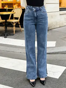 Muslim Women Blue Fashion Casual Asymmetrical Waist Denim Jeans, Split Flare Jeans, Elastic Fabric, All Seasons, Perfect for Dating
