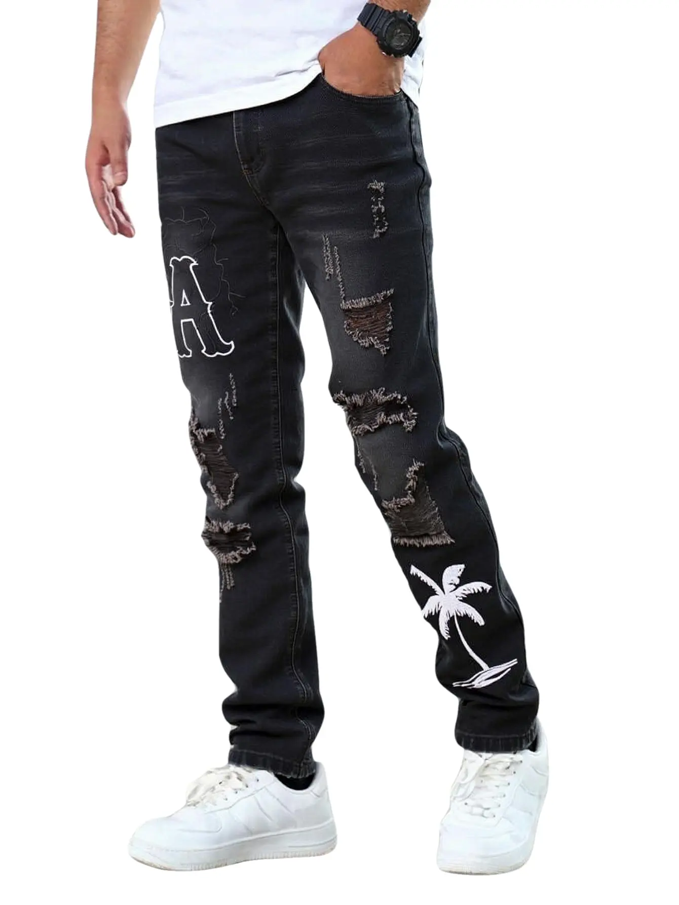 Menswear Slim Fit Jeans with Embroidery, Ripped Grunge Aesthetic Denim Pants for Edgy Streetwear, Jeans Distressed, Summer Outfits, Denim Fabric, Casual