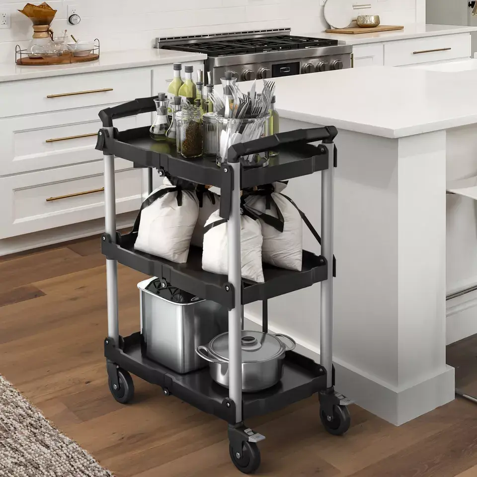 YITAMOTOR Folding Utility Service Cart, 3 Tier Foldable Cart with 360°Swivel Wheels, Portable for Home, Garage, Restaurant & Office Use