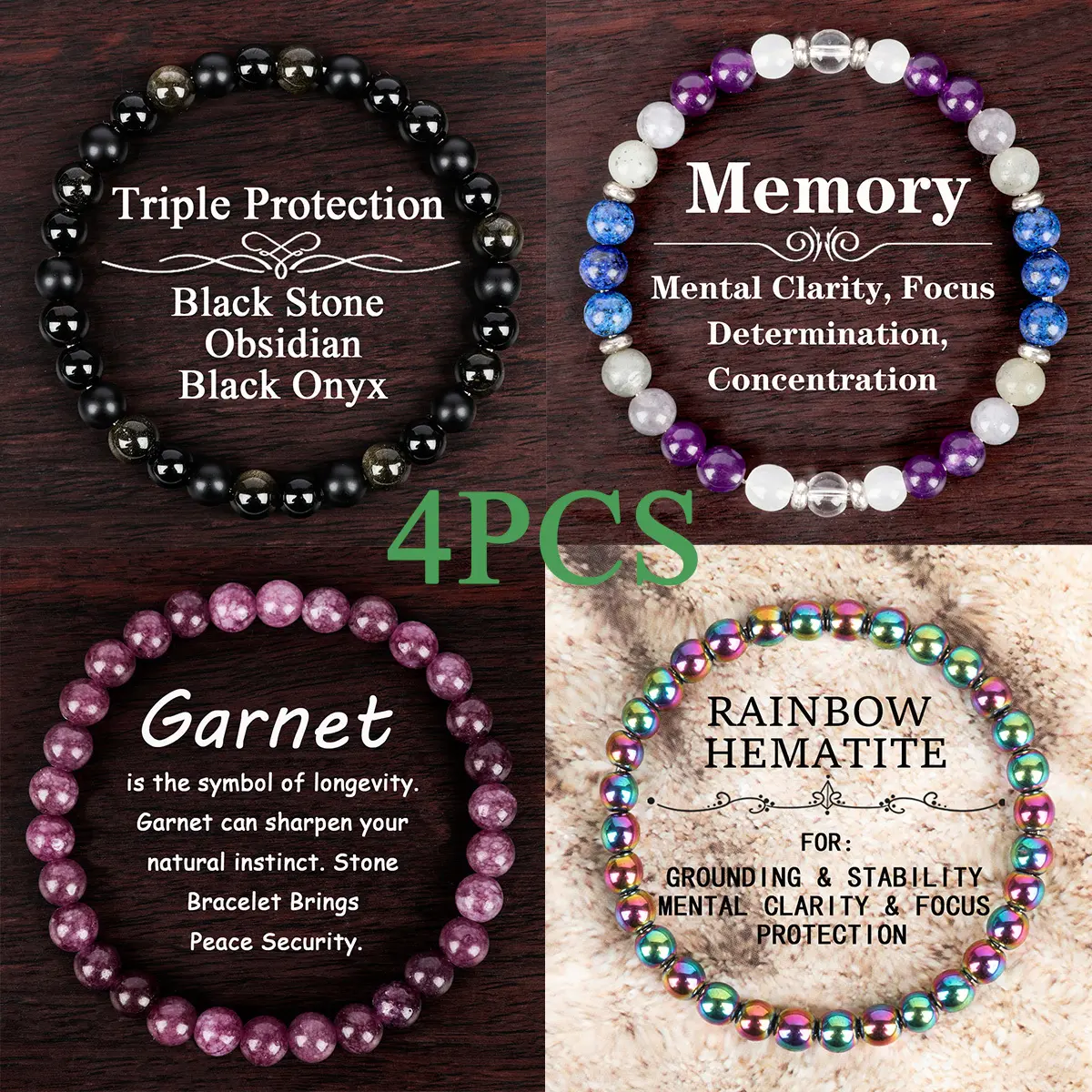 4pcs GADASLUY 6mm Beaded Bracelet Set with Obsidian Garnet Stone Red Iron Stone White Flash Stone White Lapis LazuliIdeal Gift for Men And Loved Ones, Jewel Set