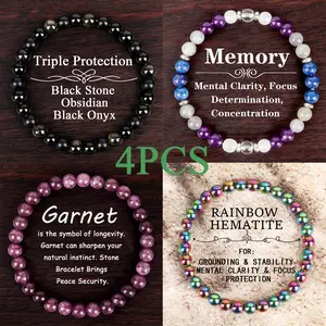 4pcs GADASLUY 6mm Beaded Bracelet Set with Obsidian Garnet Stone Red Iron Stone White Flash Stone White Lapis LazuliIdeal Gift for Men And Loved Ones, Jewel Set